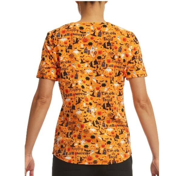 Women's Plus "Pumpkin Palooza" V-Neck Print Scrub Short Sleeve Top Shirt Size 2X - Picture 3 of 6